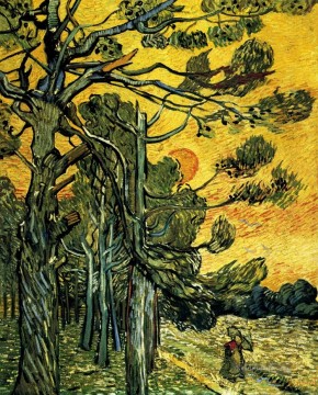  rote Kunst - Kiefer gegen einen roten Himmel mit untergehender Sonne Vincent van Gogh